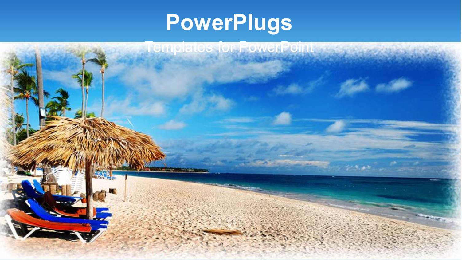 Framed Depiction of Caribbean Beach and Sea with Lounge Chairs and Umbrellas and Palm Trees