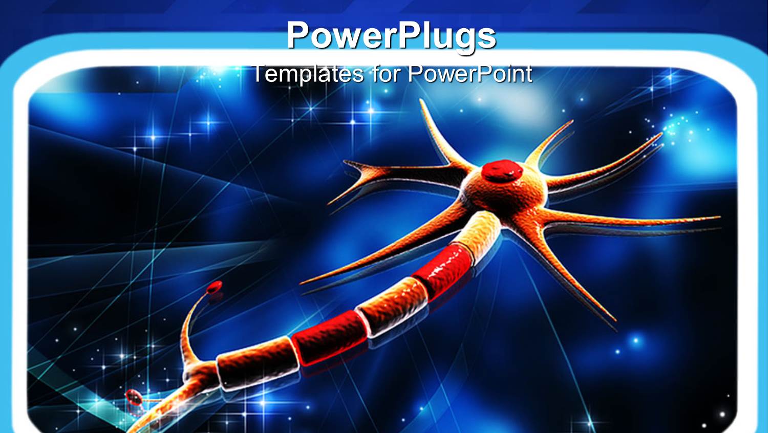 Framed Orange and Red Neuron on Glowing Blue Background