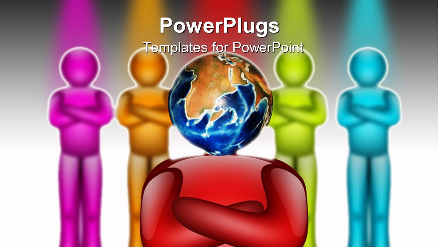 Fuchsia, Orange, Green and Blue Figures Standing Behind Red Figure with Globe Instead of Head