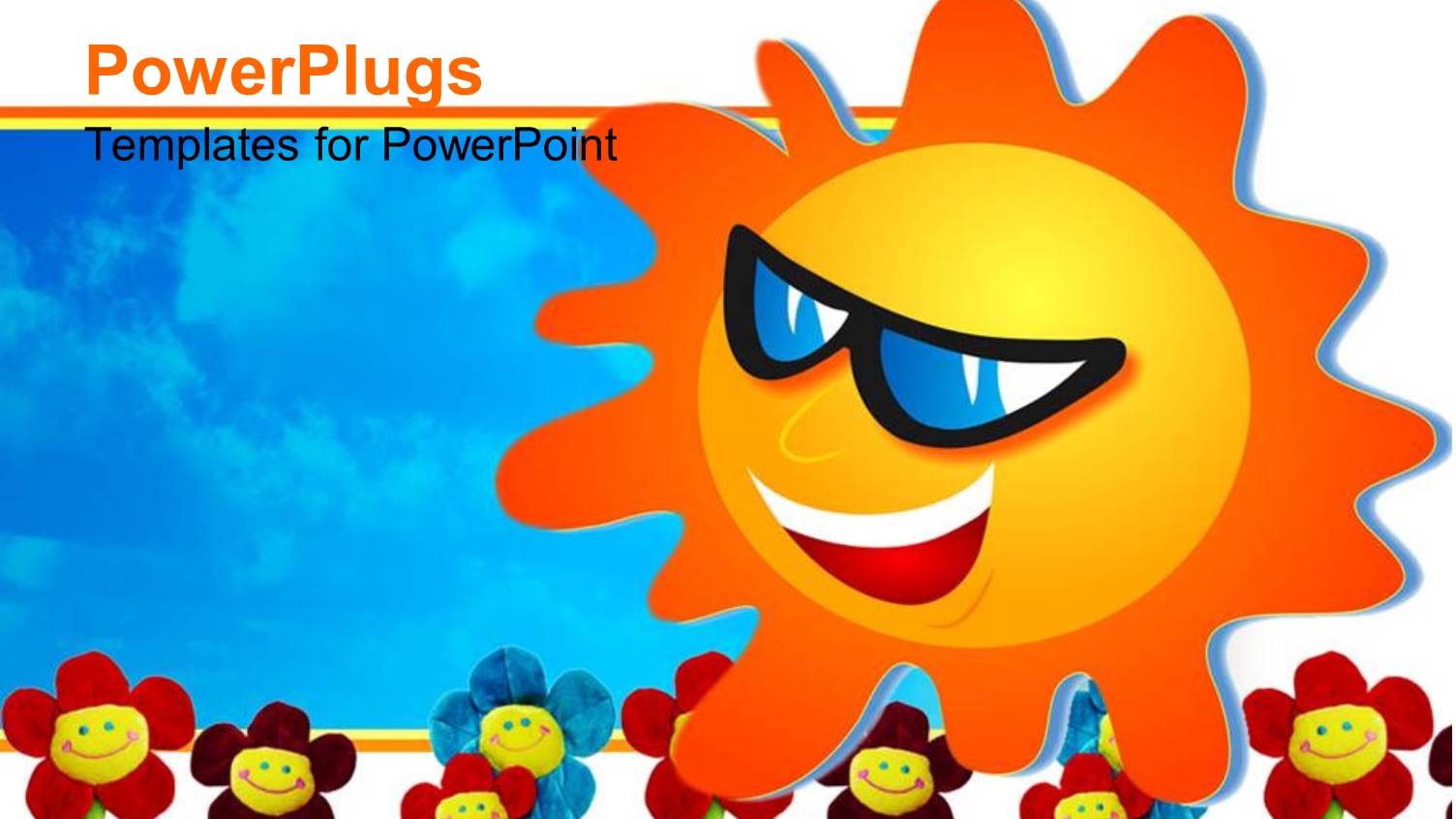 Fun Depiction of Happy Smiling Sun with Face and Sunglasses and Colorful Happy Flowers on Bright Blue Sky Background