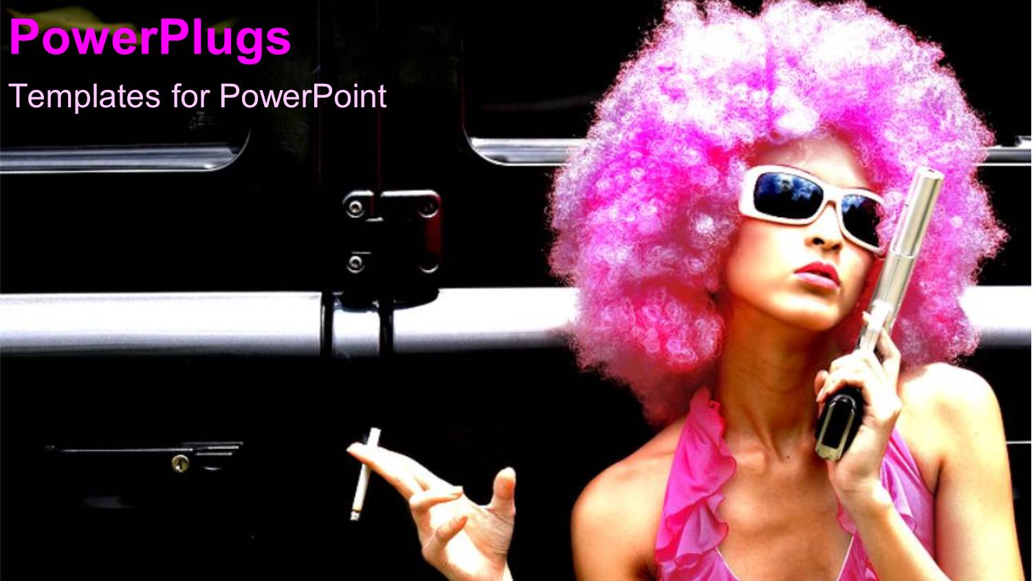 Funky Young Woman with Gun and Pink Wig Holding Cigarette, Model, Fashion