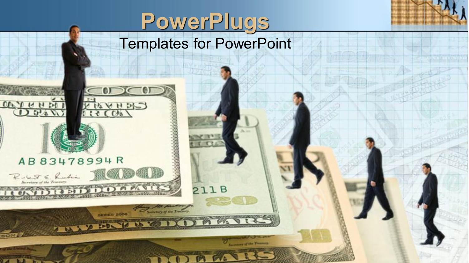 Gigantic Dollar Bills Forming Stairs with Businessmen in Suits Walking Up