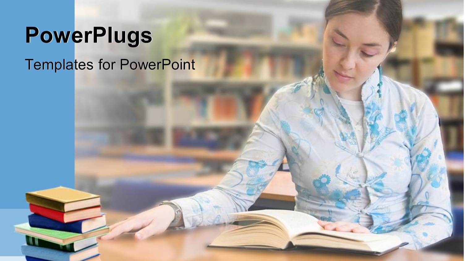 a Girl with a Book and a Library in the Background