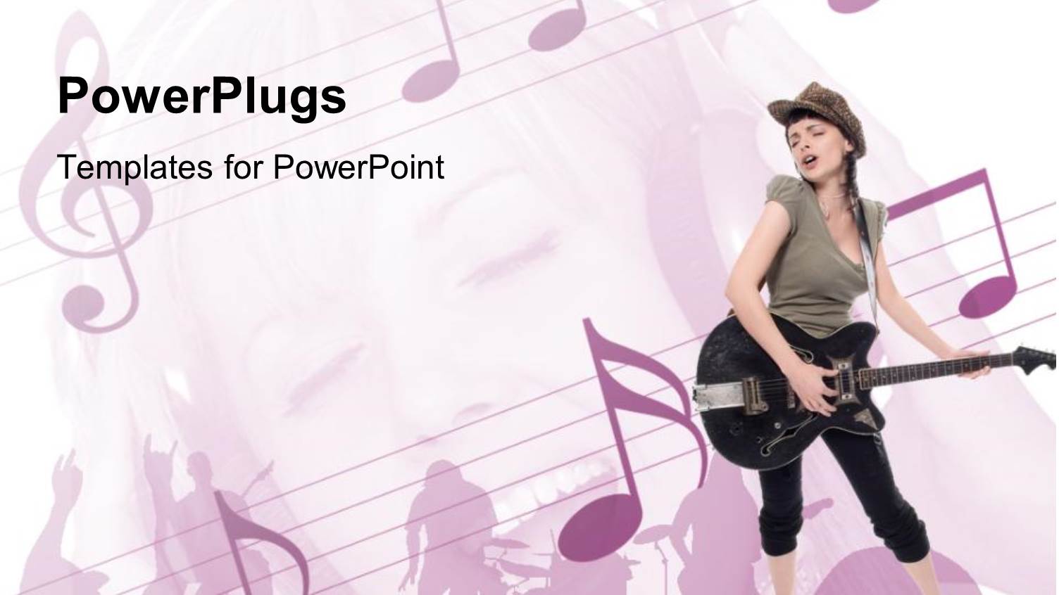 Girl with Cap Playing Guitar on Musical Notes and Band in Front of Audience in the Background