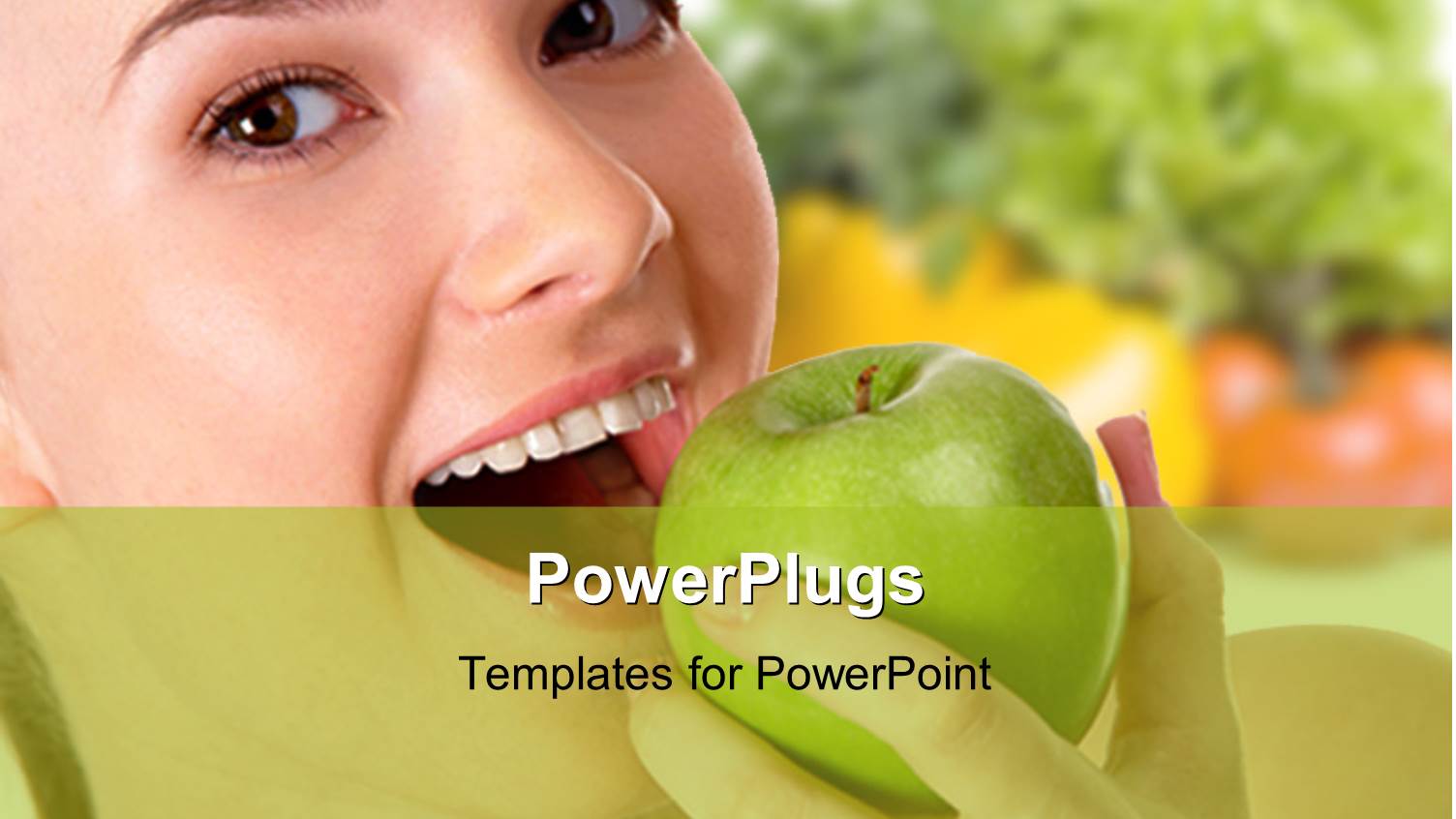 a Girl Eating the Apple with Greenish Background