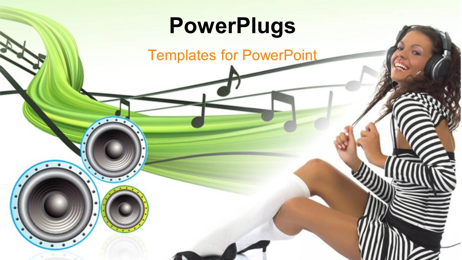 a Girl Enjoying Music with a Number of Speakers in Background