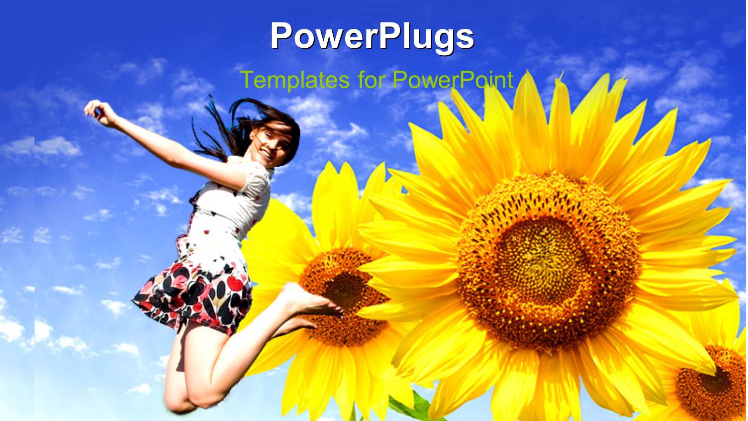 a Girl Jumping in the Air with Sunflowers and Bluish Background