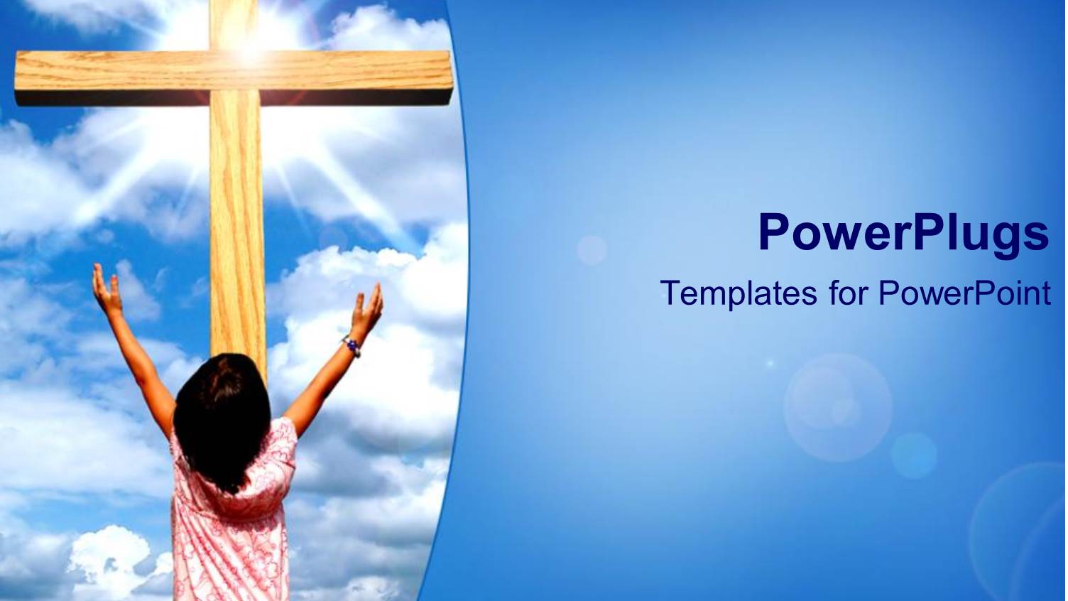 a Girl Praying in Front of a Holy Cross and Bluish Background