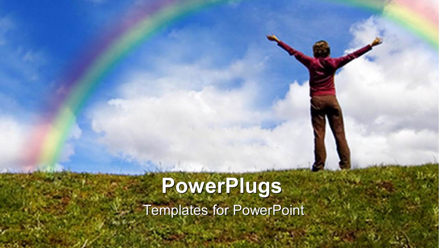 a Girl Standing on  Hill with Rainbow in the Background