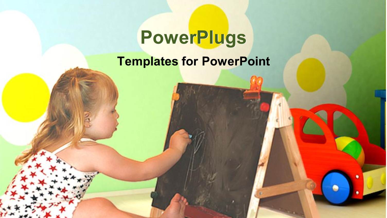 a Girl Working on the Blackboard with a Number of Flowers in Background