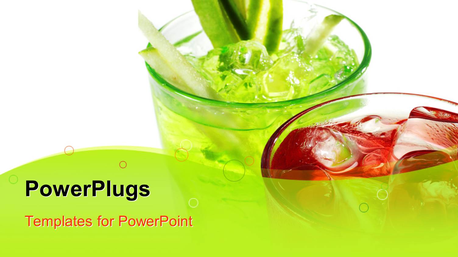 Glass of Green Drink and Red Drink with Ice on White and Green Background