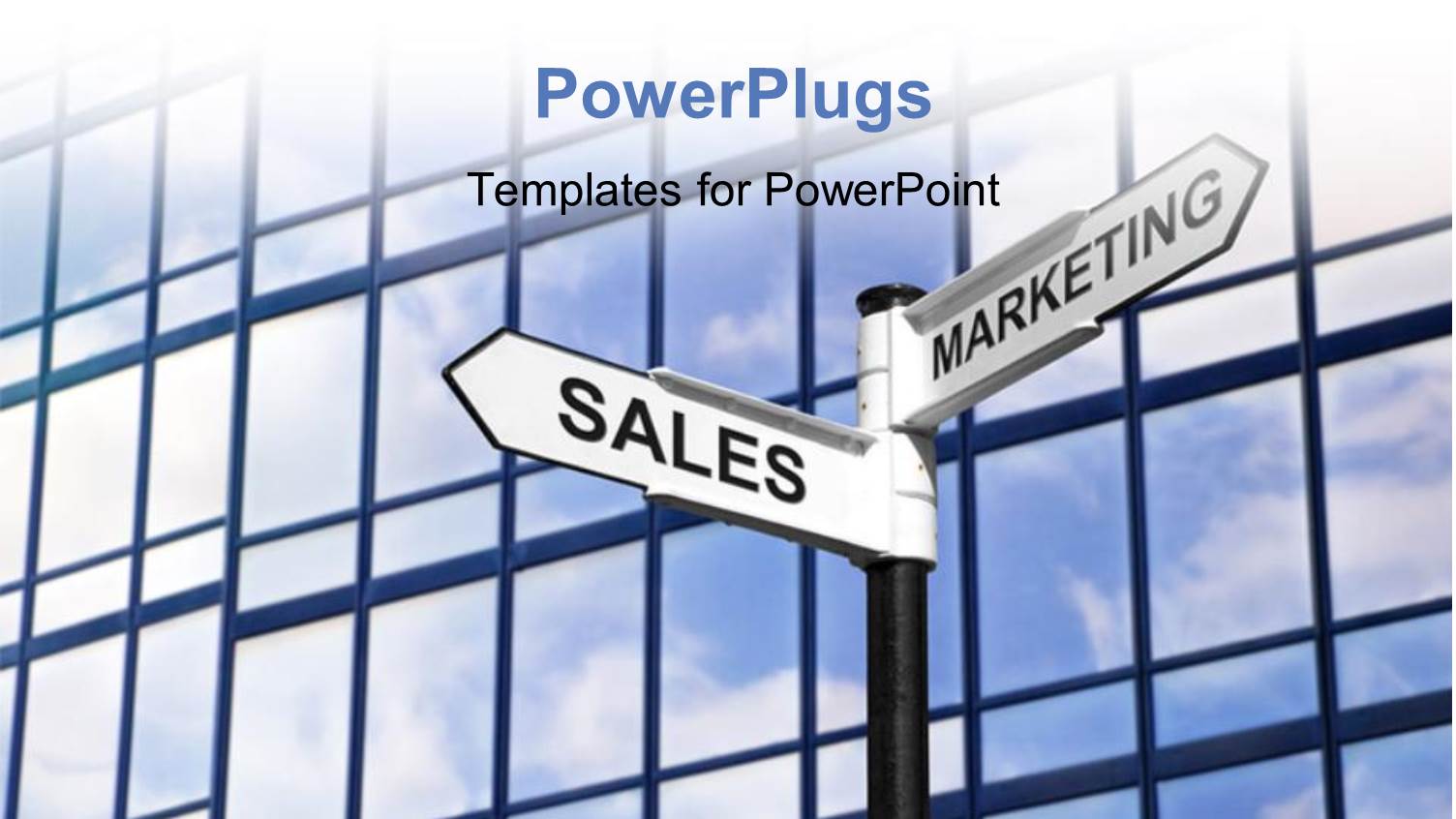 Glass Office Building with Sales and Marketing Signpost