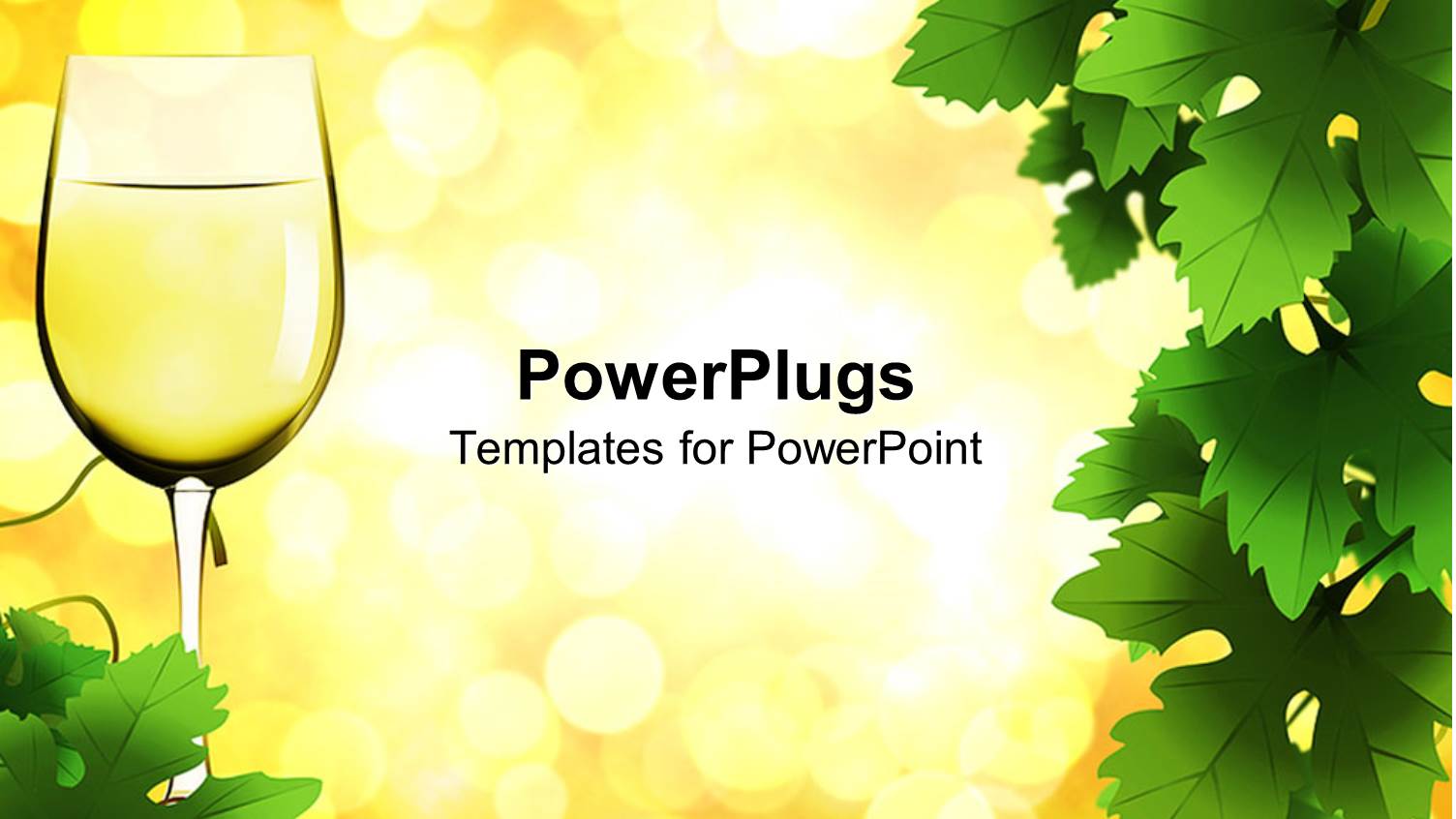 Glass of White Wine with Grape Green Leaves on Glowing Spots on Yellow Background