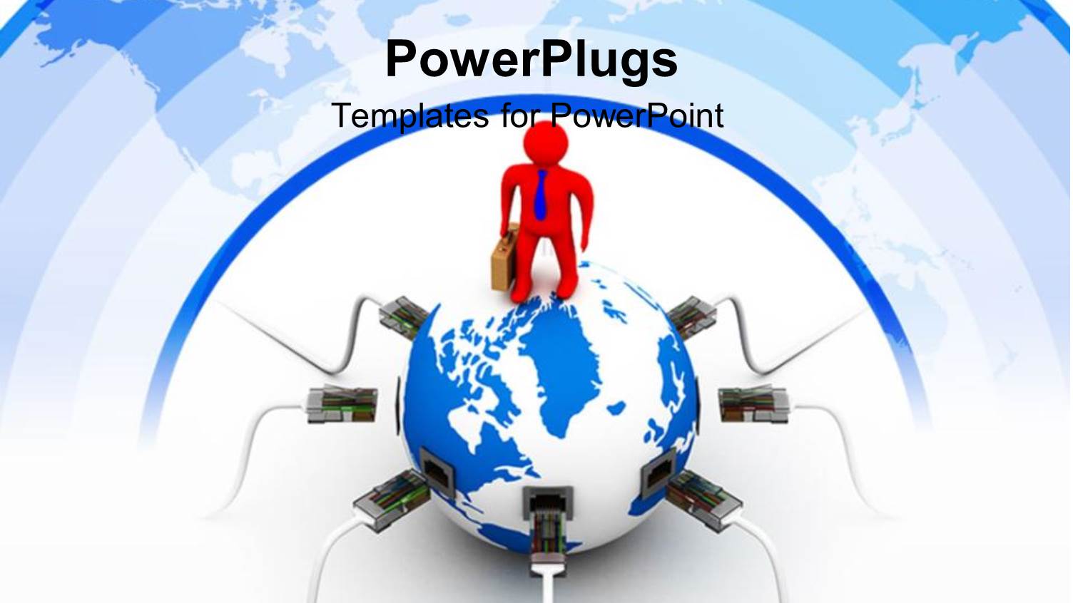 Global Communications Metaphor with Red Business Man on Top of Globe with Ethernet Plugs and Cables