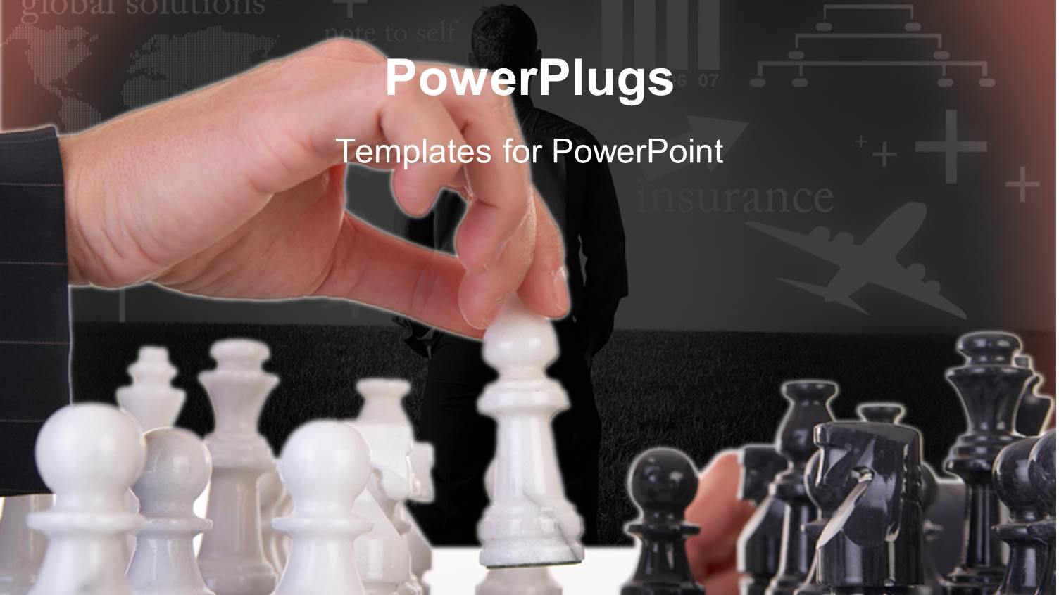 Global Solutions Insurance Metaphor with Hand Moving Chess Piece on Chess Board