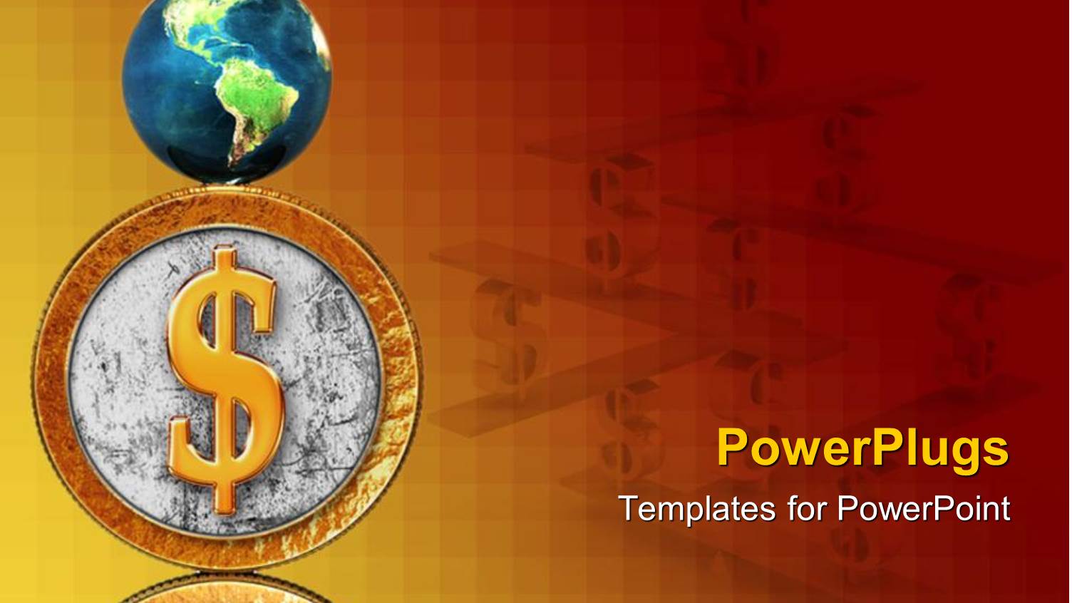 Globe Atop Silver Coin with Gold Dollar Sign on Reflective Surface