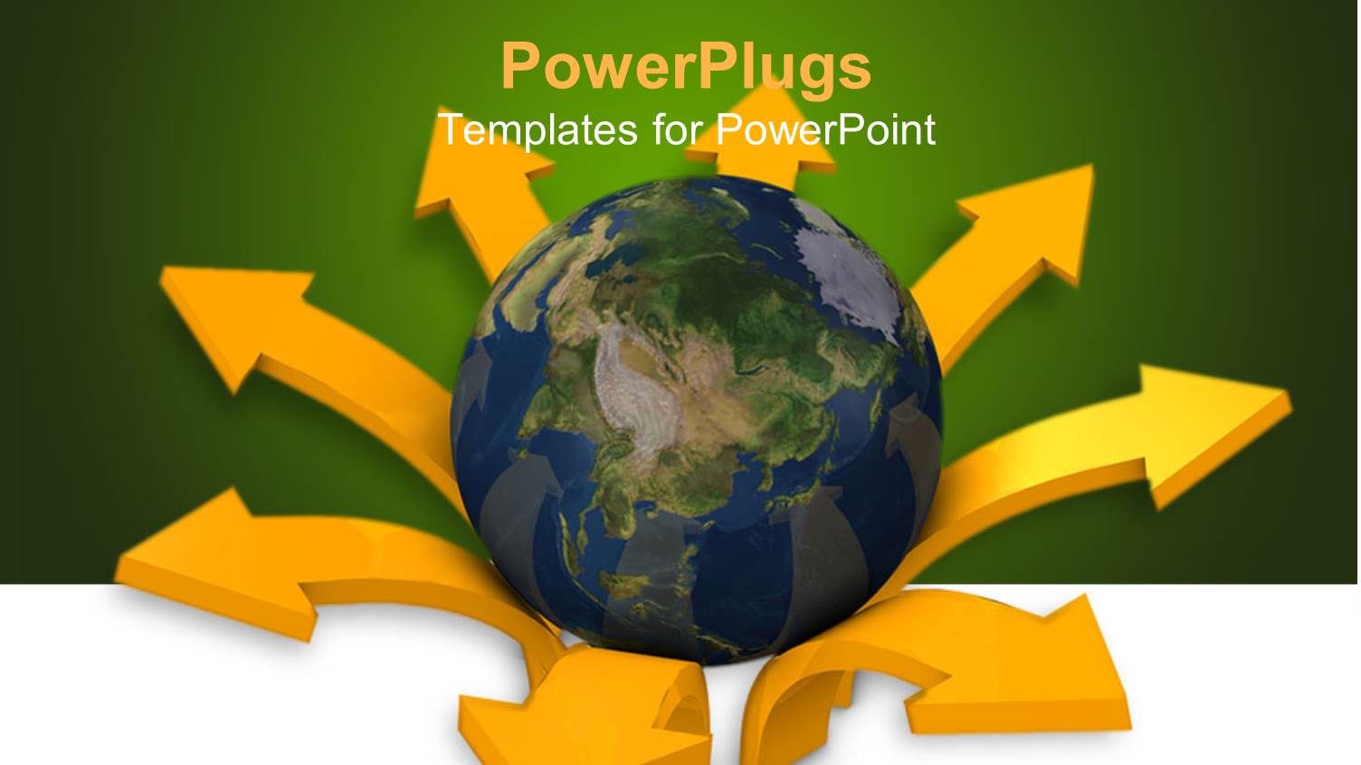 Globe in Center of Gold Arrows Pointing Out on Green Background