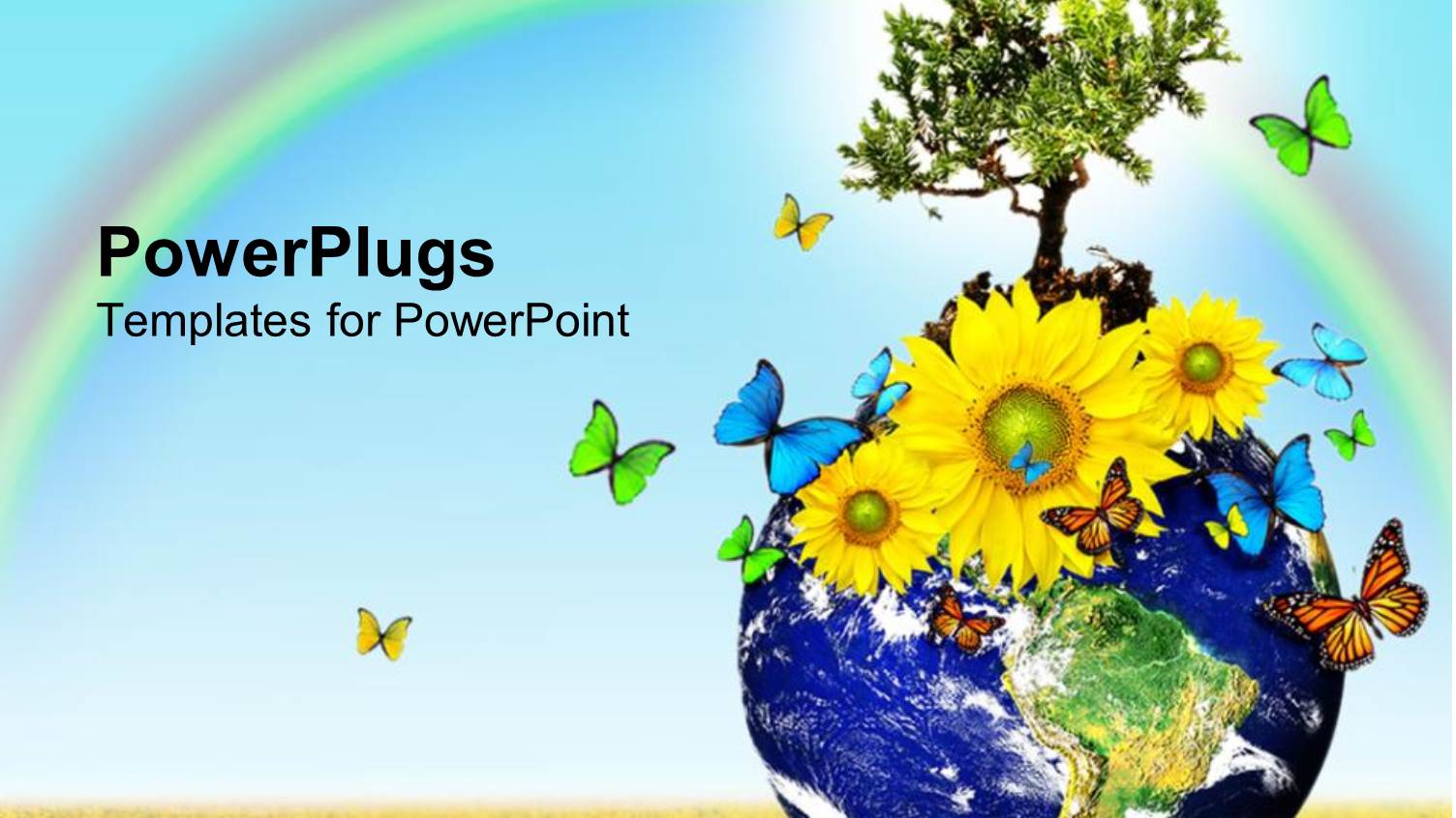 Globe, Earth with Tree, Yellow Sunflowers, Colorful Butterflies on Sunflower Field with Rainbow on Blue Sky