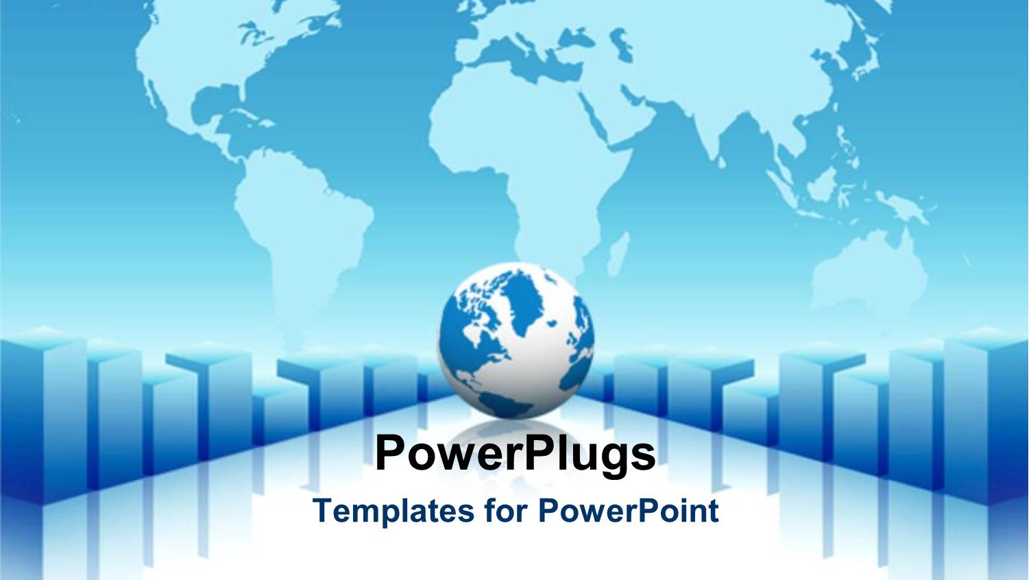 Globe on Glossy Reflective Surface Between 3D Blue Bars with Plain World Map on the Blue Background