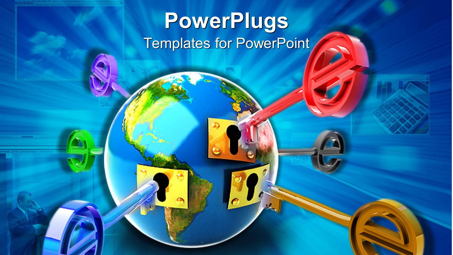 Globe with Golden Keyholes and Colorful Keys with Financial Related Depictions on Blue Background