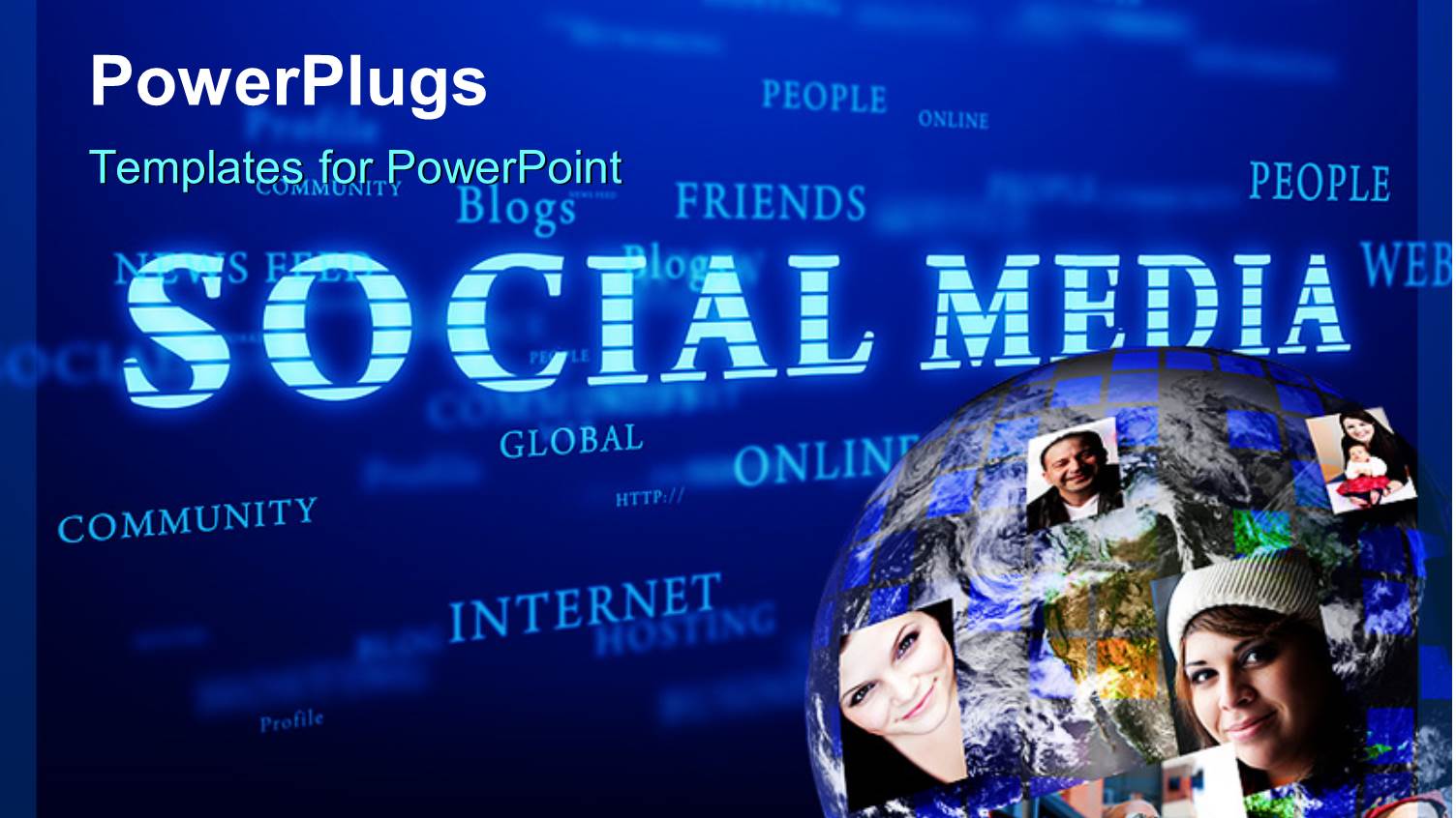 Globe Overlaid with Faces in Corner of Social Media Word Cloud