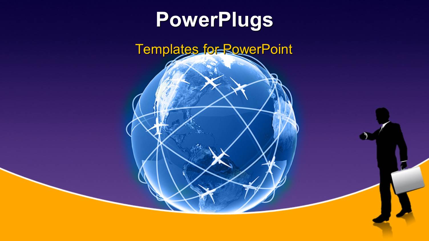 a Man Holding a Briefcase Pointing at a large Blue Globe