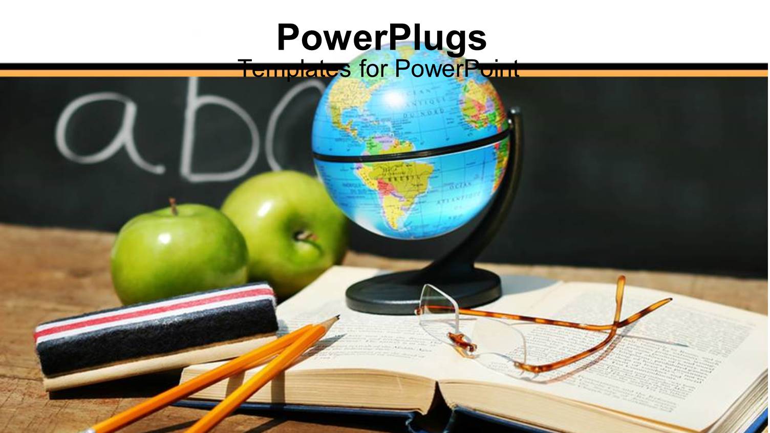 Globe on School Book with Glasses, Pencils, Chalkboard Eraser, Apples, Desk, ABC Blackboard, Teaching, Education, School