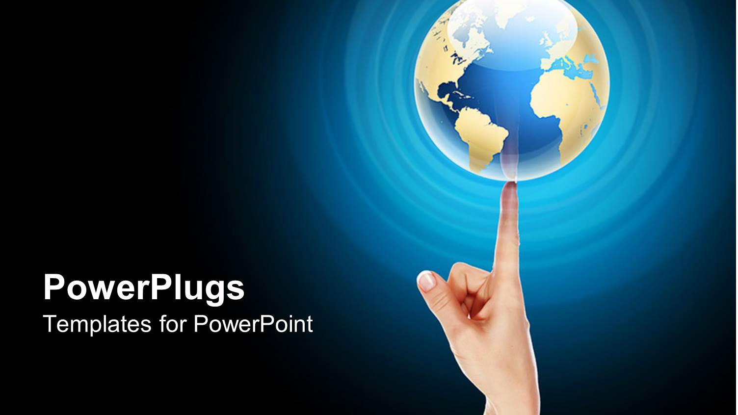 Globe on Tip of Man's Index Finger of Radial Blue Background