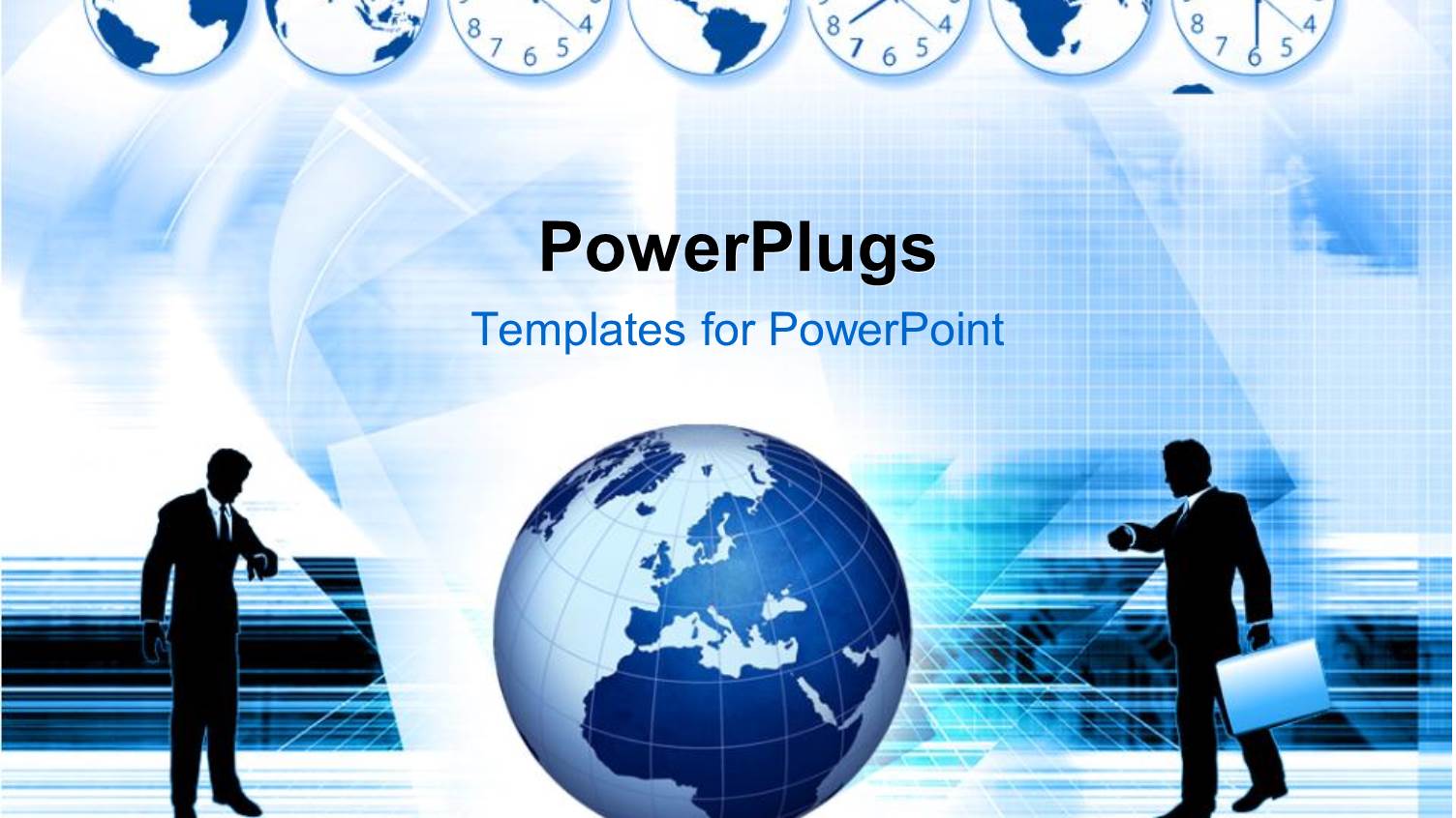 a Globe with Two Businessmen and Clocks in Background