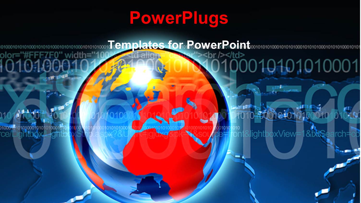 Glossy Globe on Digital Binary Code and World Map on Blue and Black Background