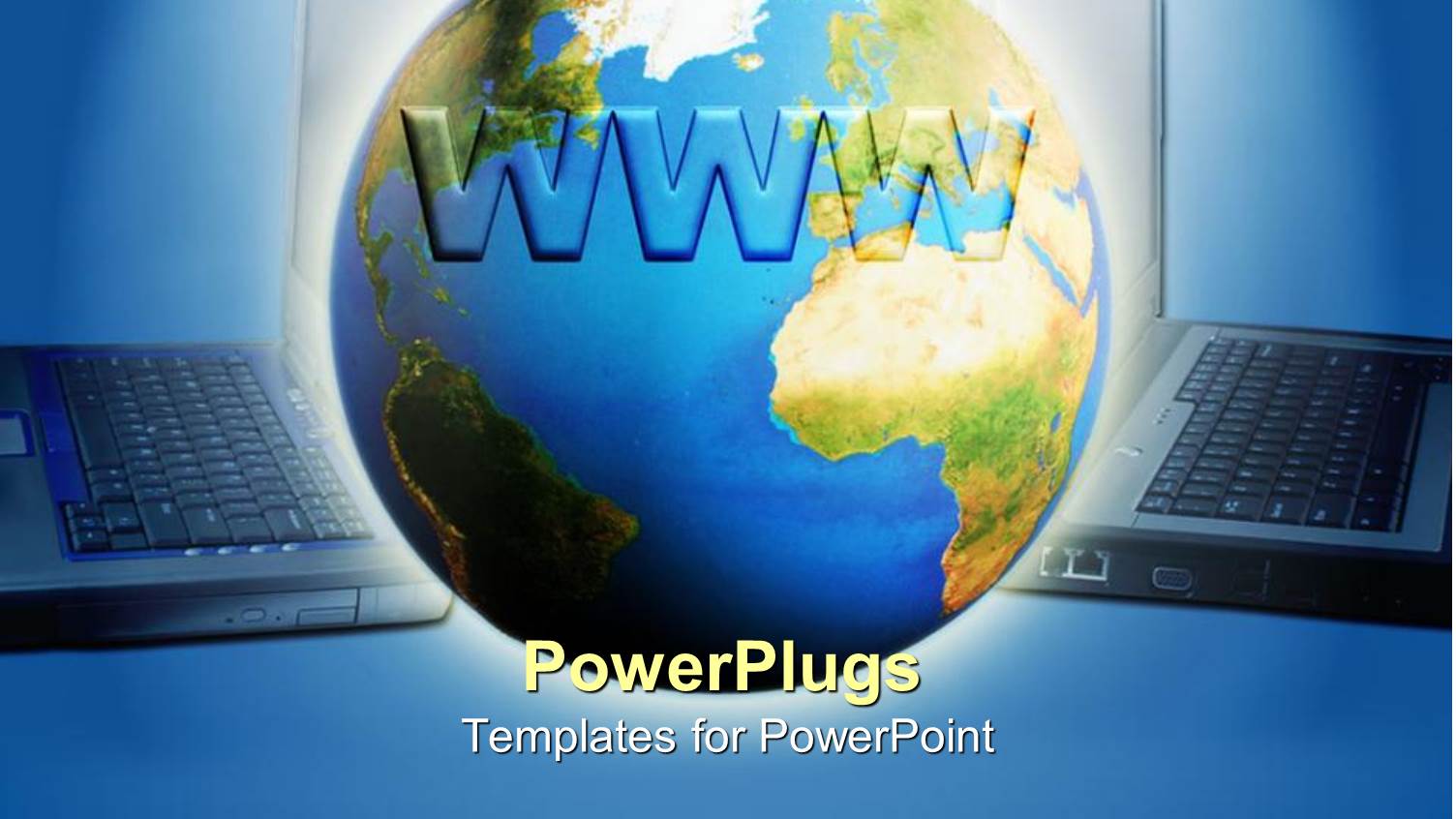 Glowing Earth Globe Centered Between Two Laptops with Text WWW on Globe