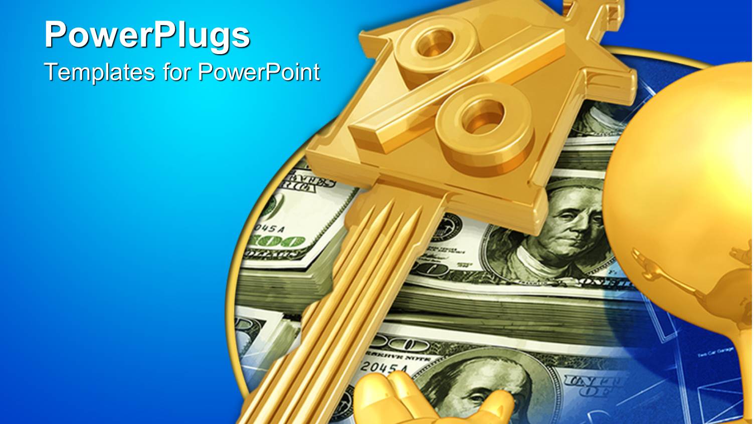 Glowing Gold Plated Man Pointing to Stacks of Dollar Bills