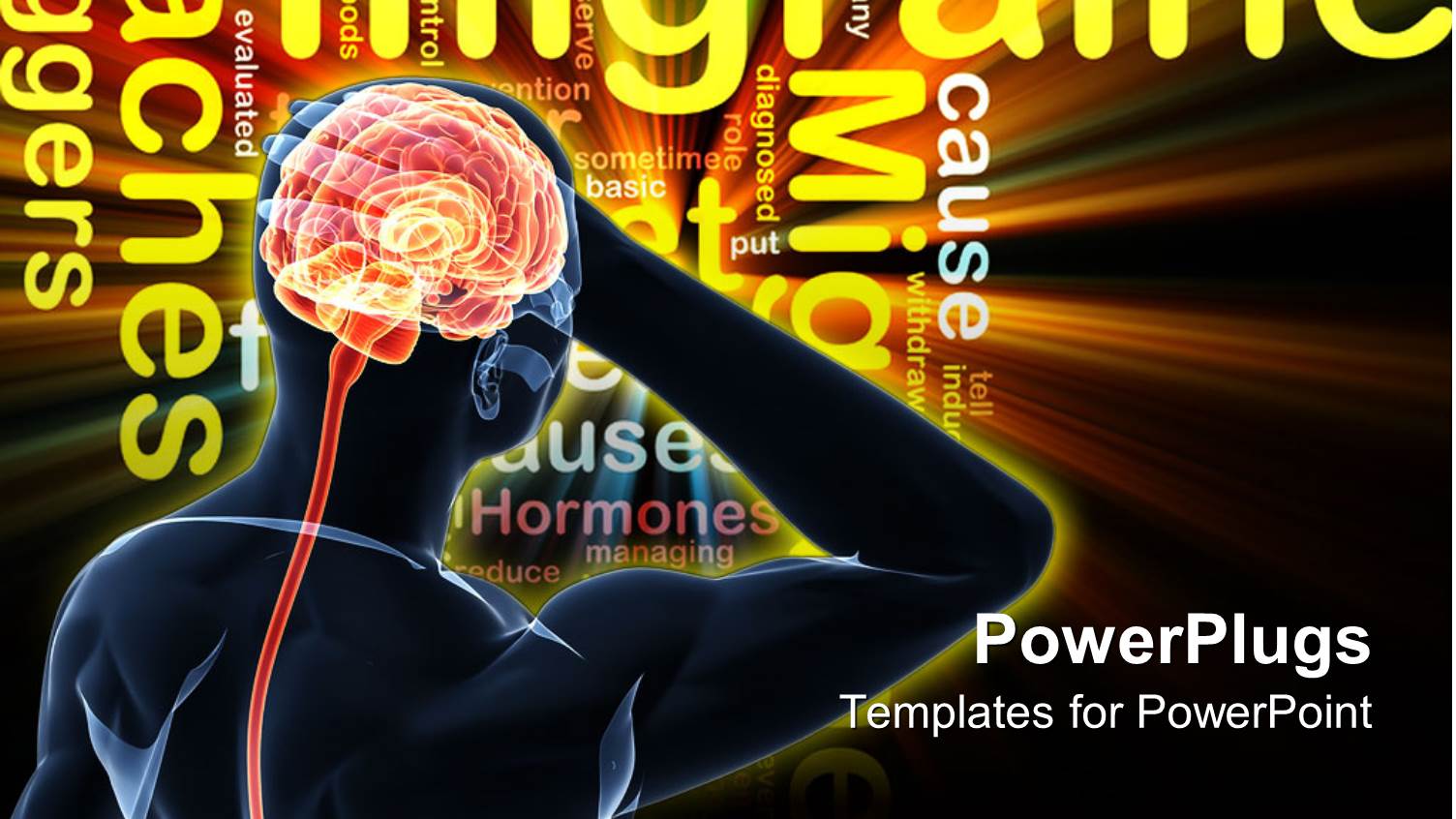 Glowing Silhouette of Human Body with Glowing Brain Thinking and Word Cloud with Migraine Headaches Words