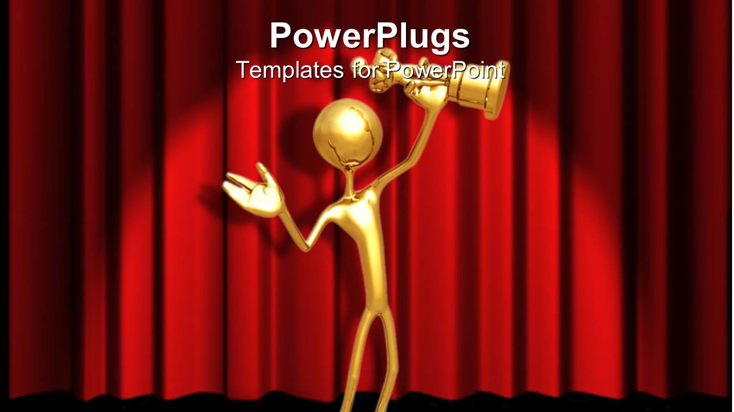 Gold 3D Figure Holding Gold Award Statuette on Red Curtain Background