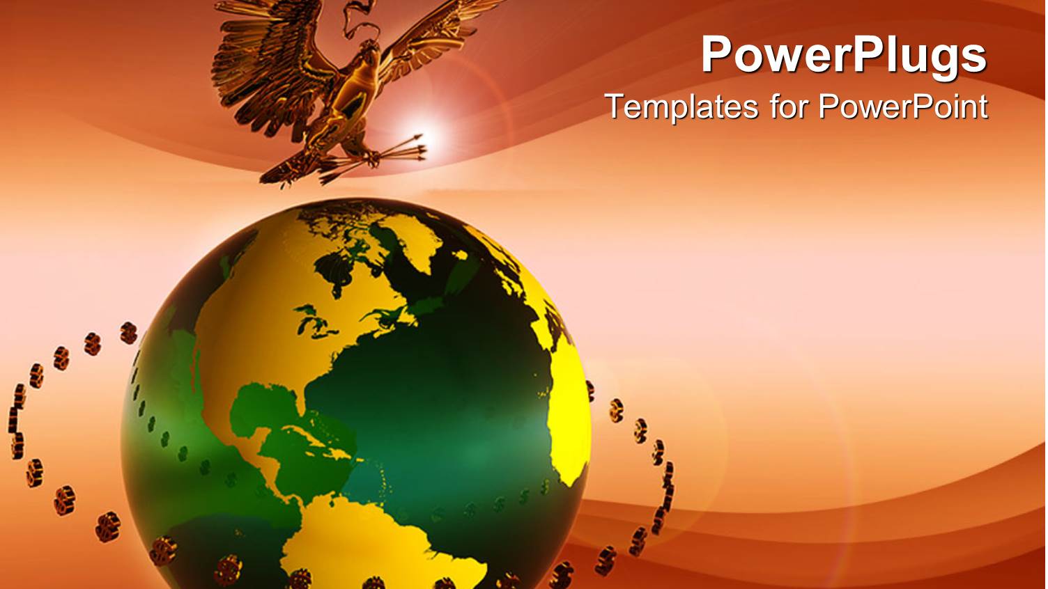 Gold American Eagle with Arrows in Claws Above Green and Gold Globe Surrounded by Dollar Signs