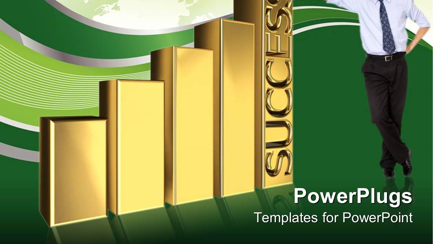 a Gold Bar Chart and a Business Man with a Text that Spells Out the Word 