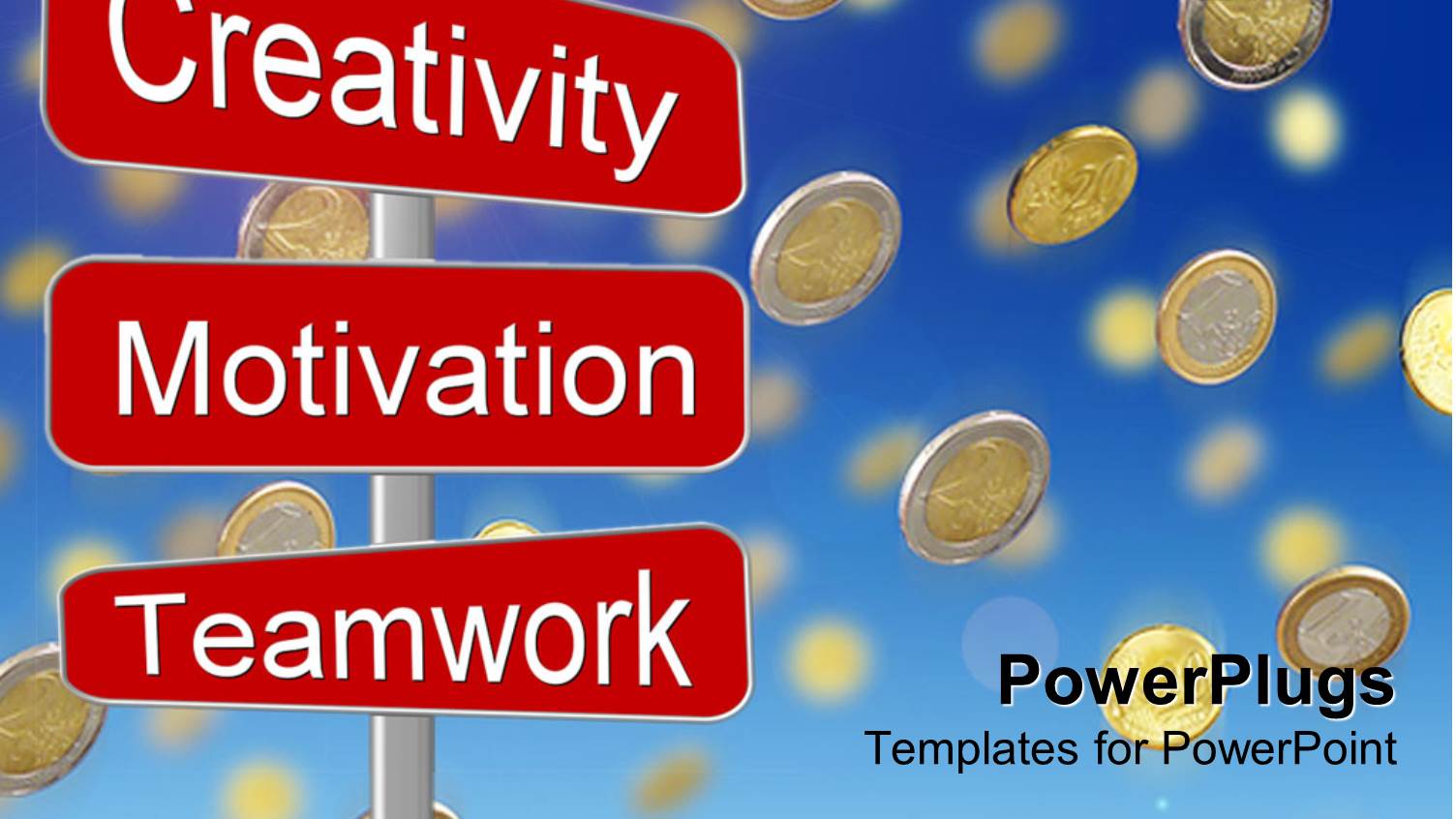 Gold Coins Falling from Blue Sky Over Business Motivation Sign Post