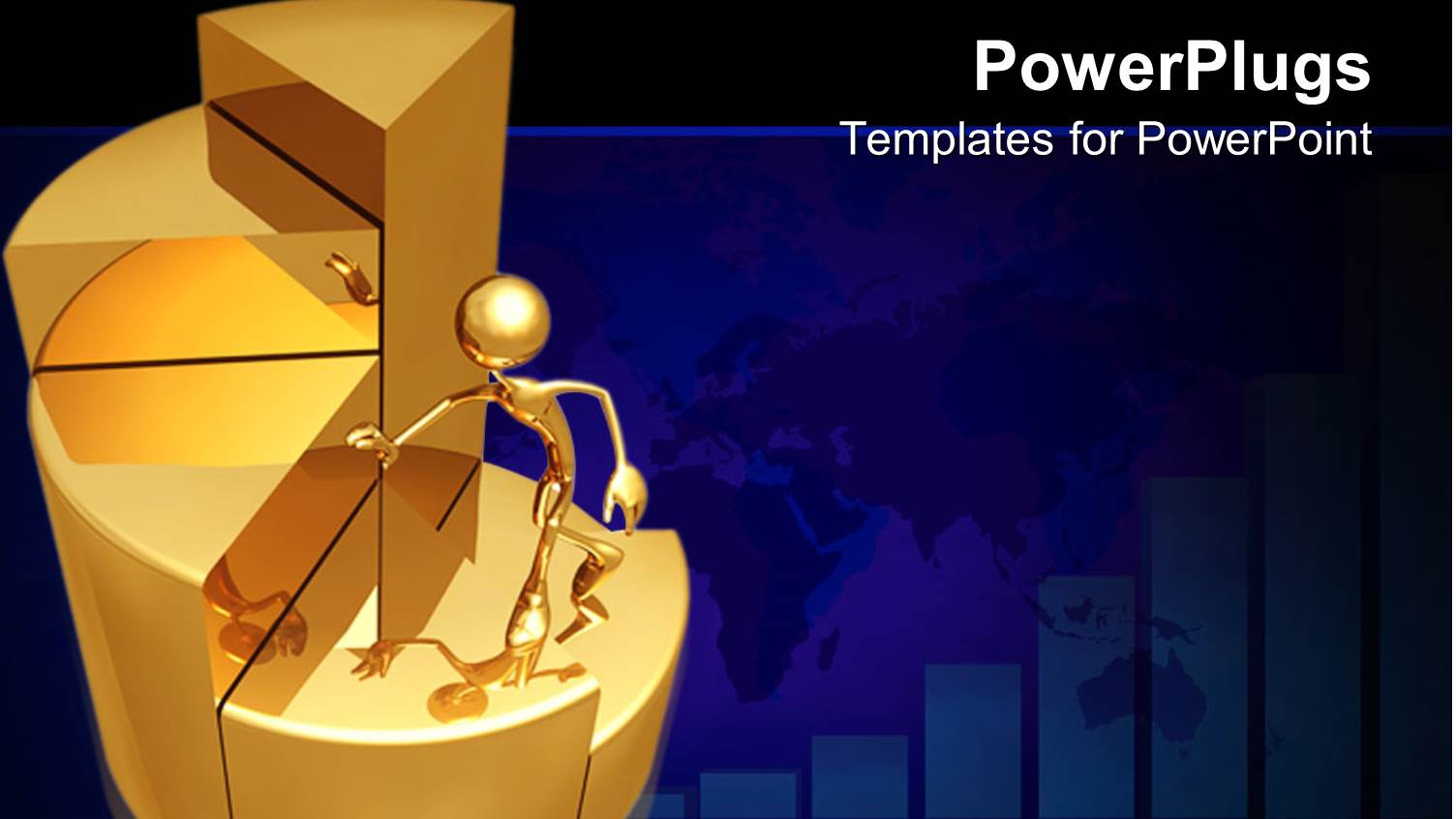 Gold Colored 3D Character Climbing a Gold Pie Chart 