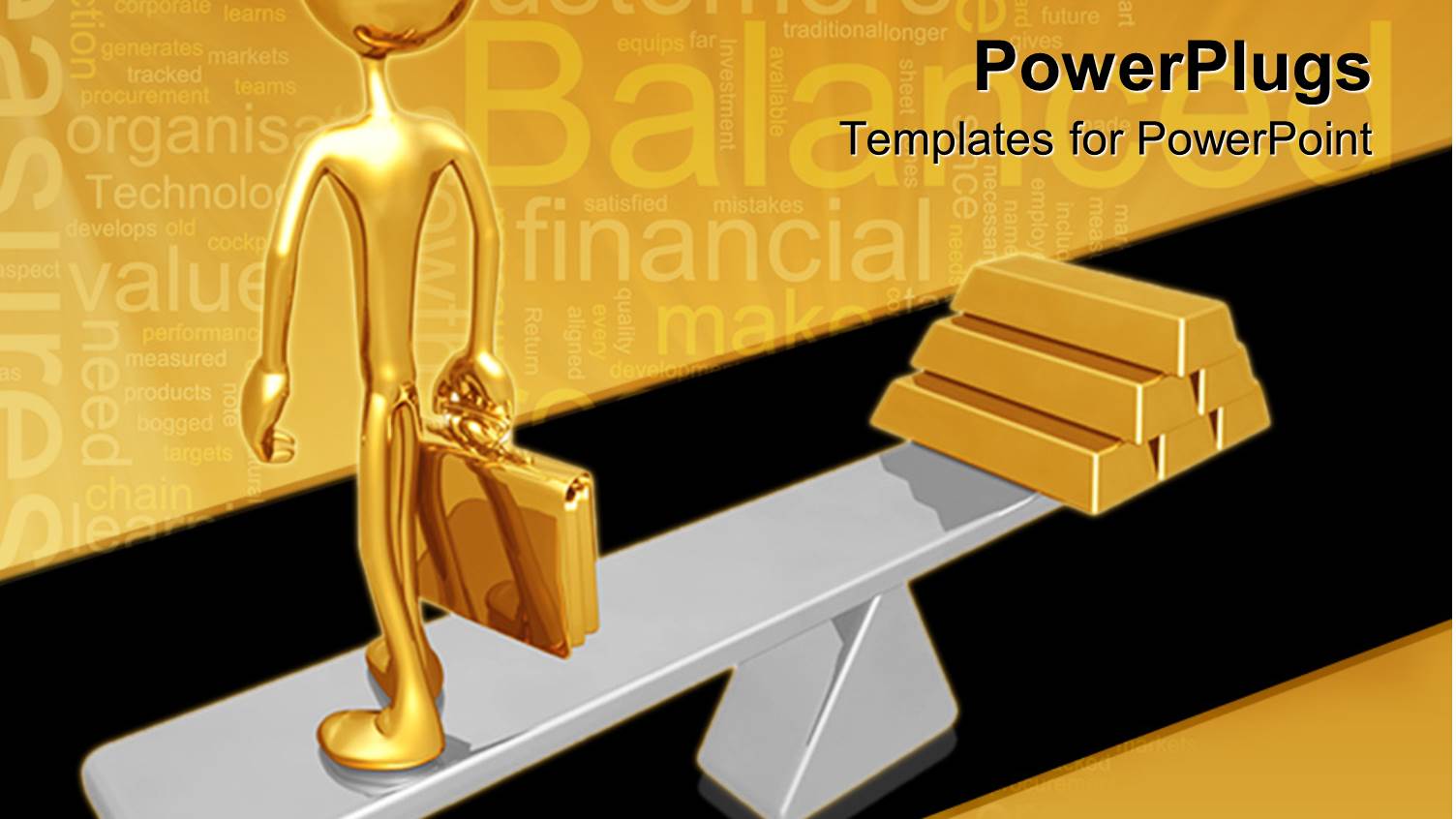 a Gold Colored 3D Human Character Standing on a Scale with Gold Bars