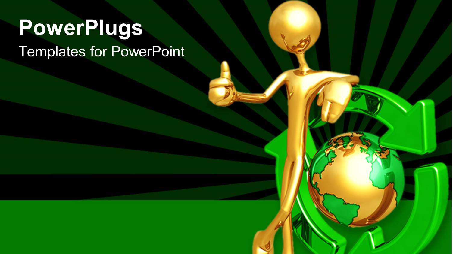 a Gold Colored Character Leaning on a Green Recycle Symbol