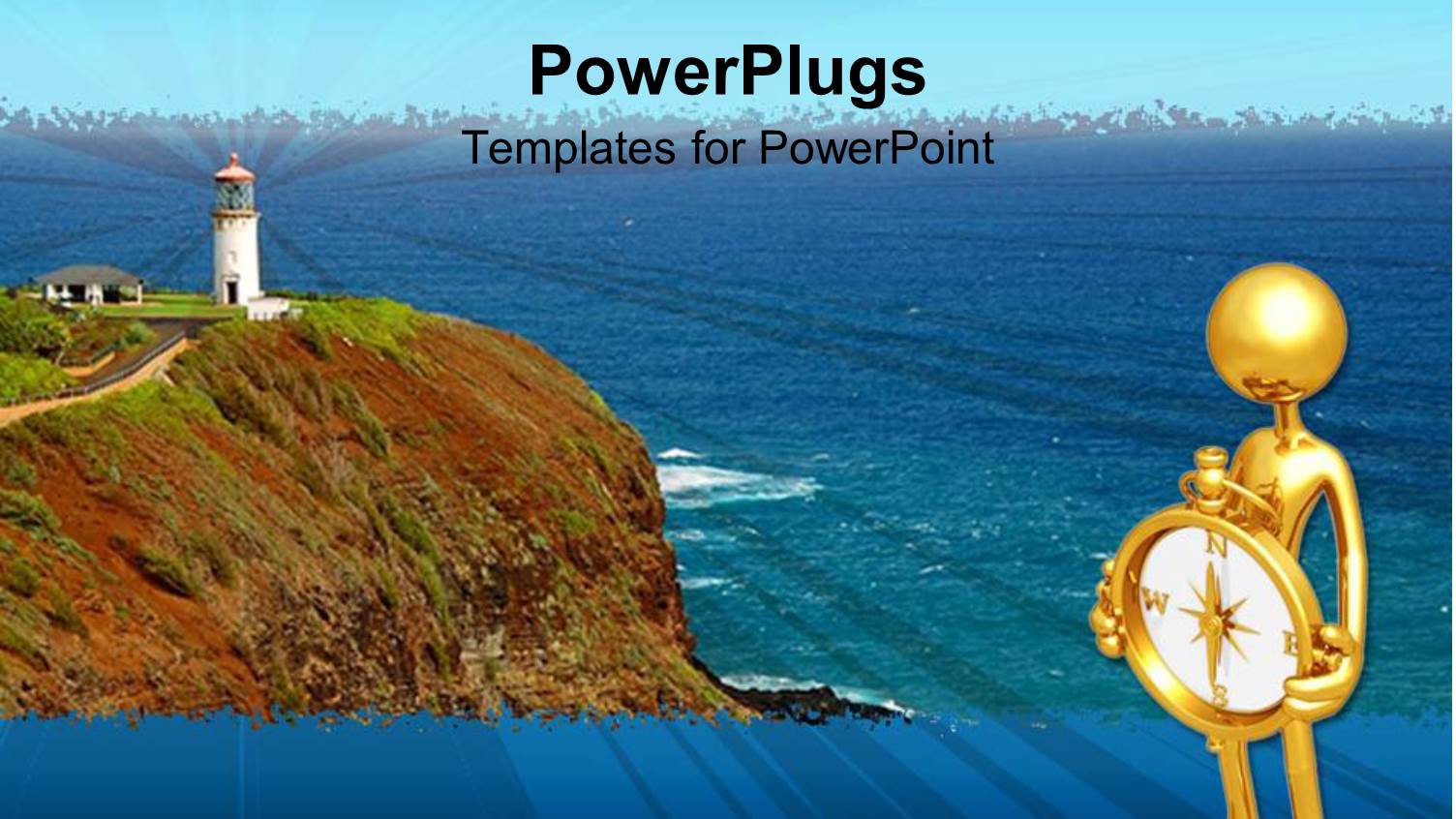 Gold Colored Human Figure Holding a Compass with a Light House