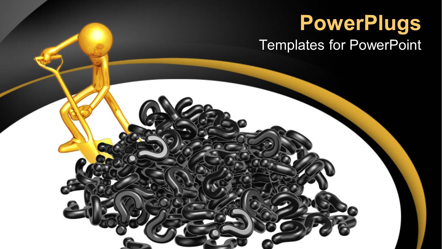 Gold Colored Human Figure with a Spade Heaping Lots of Back Question Marks