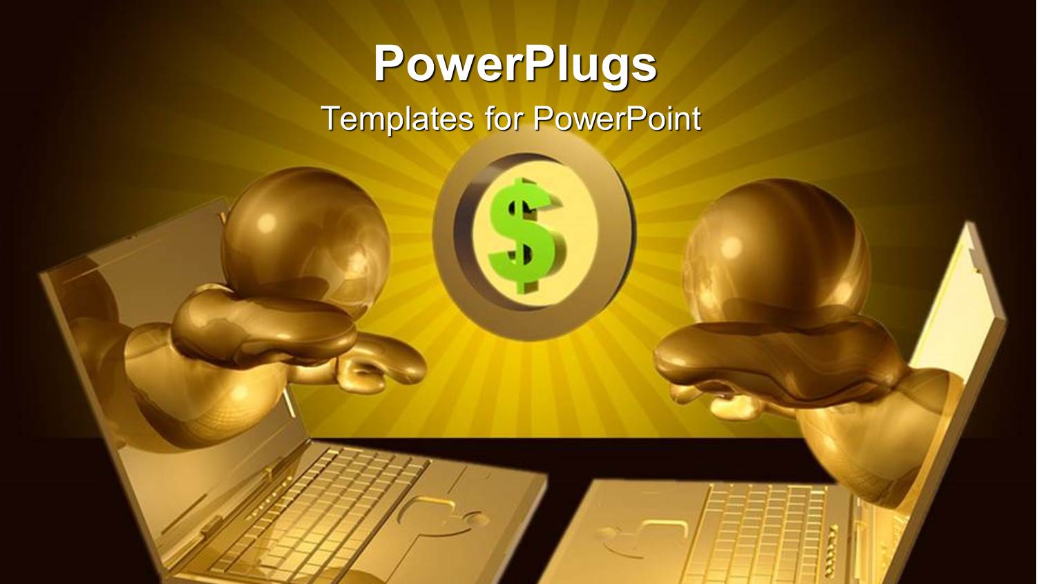 Gold Colored Human Figures Coming Out of Laptops Towards a Dollar Sign