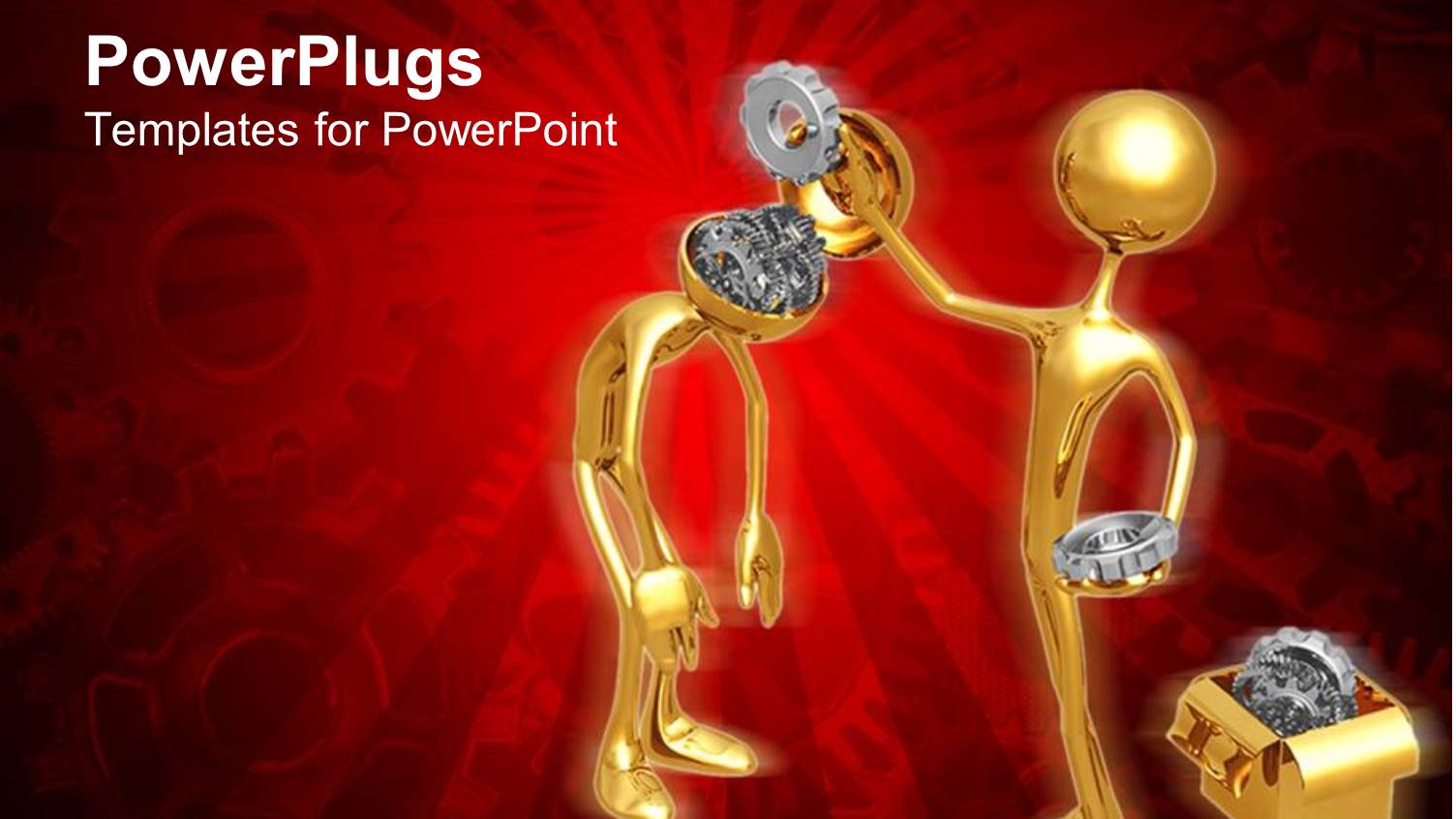 Gold Colored Human Figures Removing Gears from Another Head