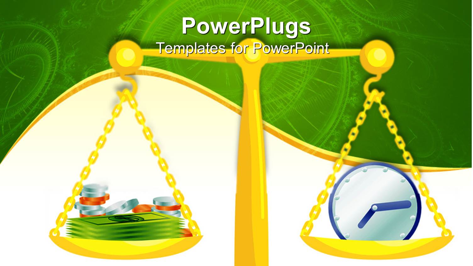 Gold Colored Scale with a Clock and Money Balanced on it