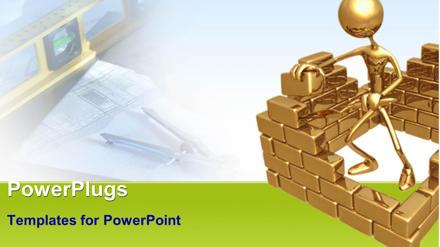 Gold Figure Building Brick Wall, Ruler and Compass Background