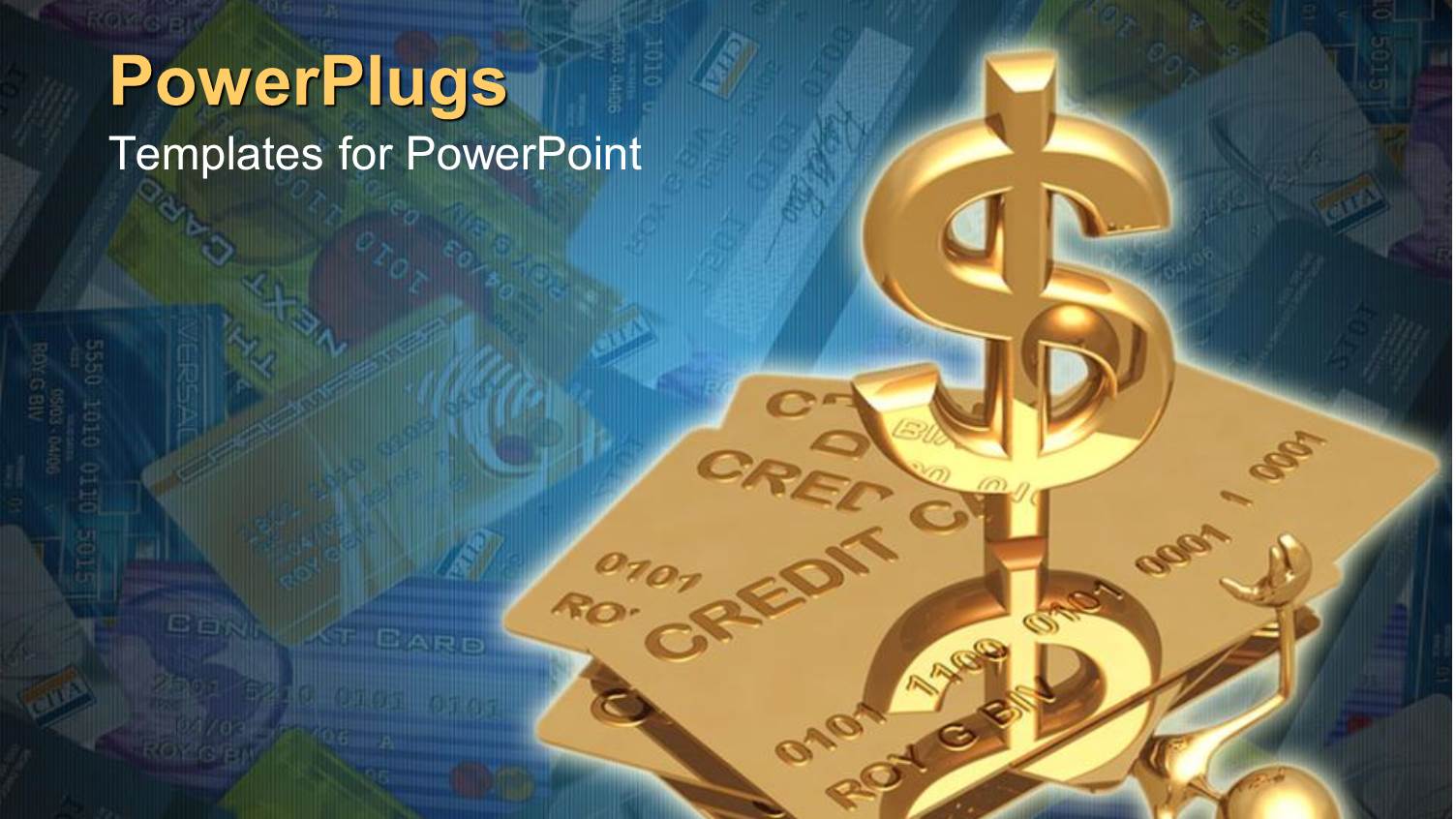 Gold Figure Buried Under Credit Cards Reaches for Help from Three Dimensional Dollar Sign