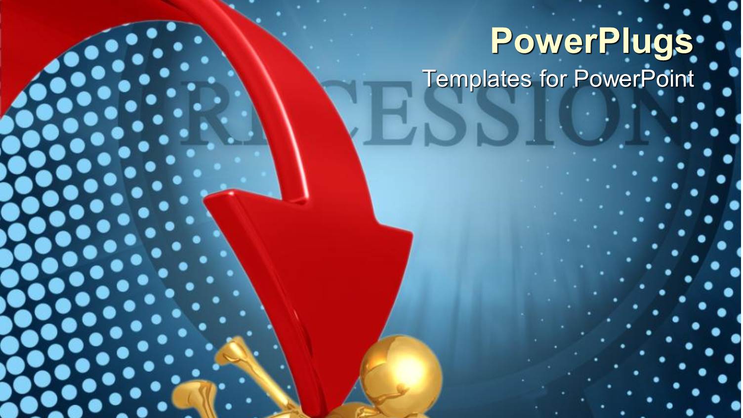 Gold Figure Pinned Down by Three Dimensional Red Arrow on Blue Background