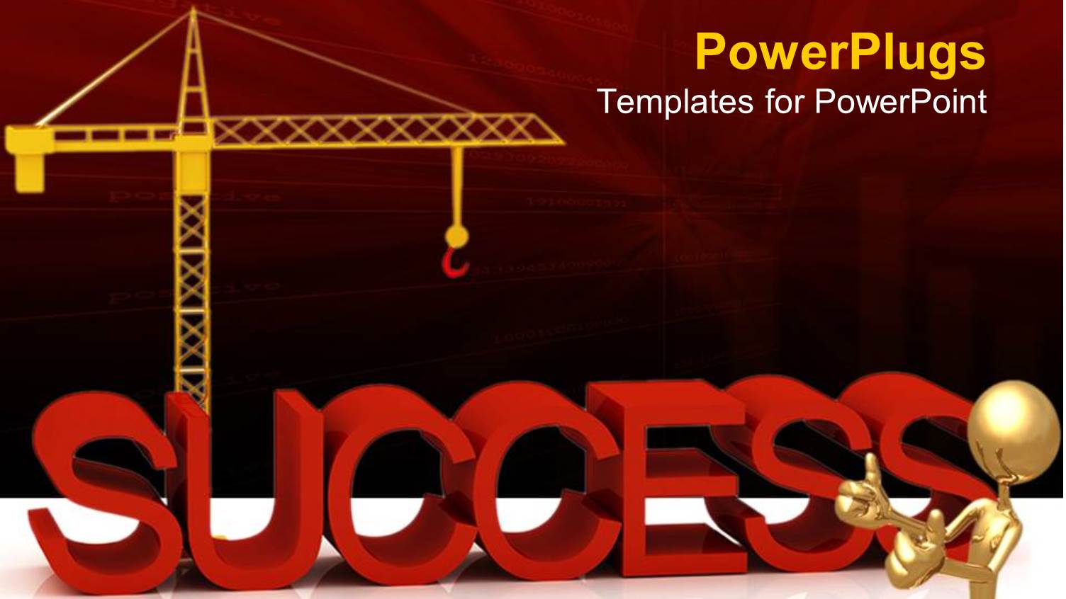 Gold Figure Showing Thumbs Up Next to Three Dimensional Word Success and large Yellow Crane