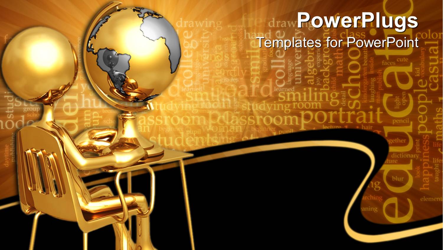 Gold Figure Sitting at small Desk with Globe and Education Word Cloud